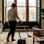 Woman vacuuming living room carpet with HEPA vacuum