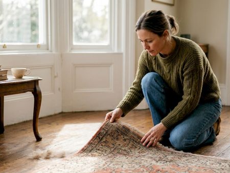 Woman inspecting antique rug in sunlit living room