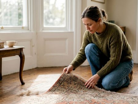 Woman inspecting antique rug in sunlit living room