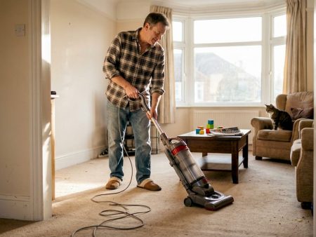 Homeowner vacuuming carpet in bright living room