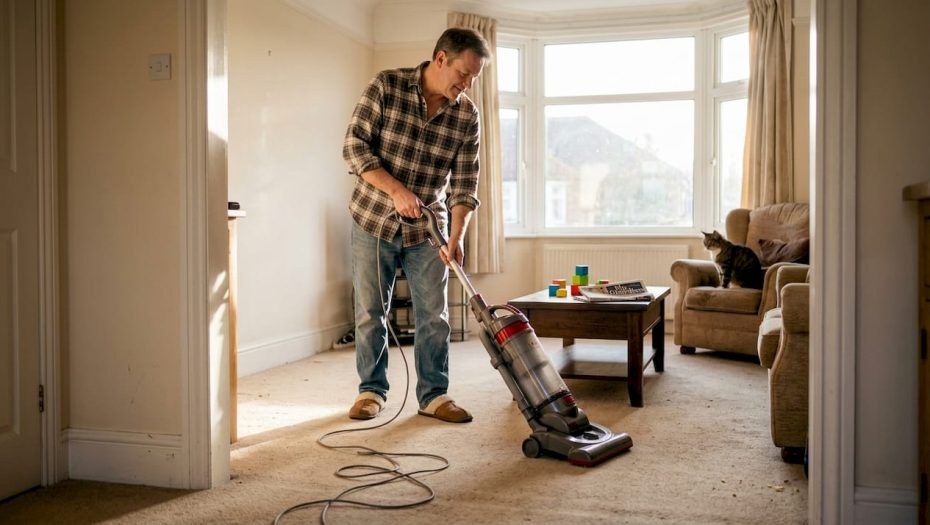 Homeowner vacuuming carpet in bright living room