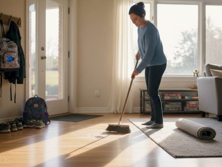 Sweeping hardwood floor family home