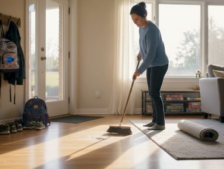 Sweeping hardwood floor family home