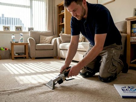 Technician re-stretching carpet in real home