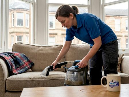 Glasgow upholstery cleaner at work in lived-in lounge