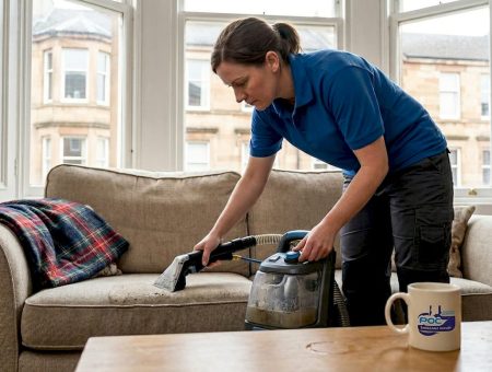 Glasgow upholstery cleaner at work in lived-in lounge