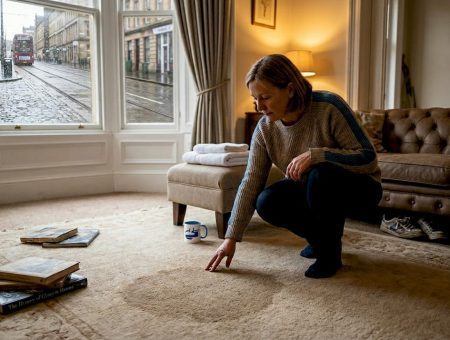 Inspecting wet carpet in Glasgow living room