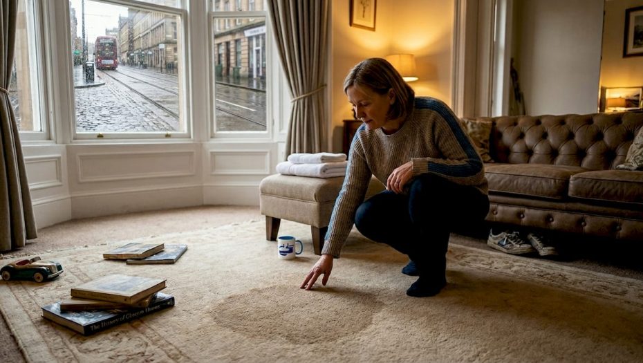 Inspecting wet carpet in Glasgow living room