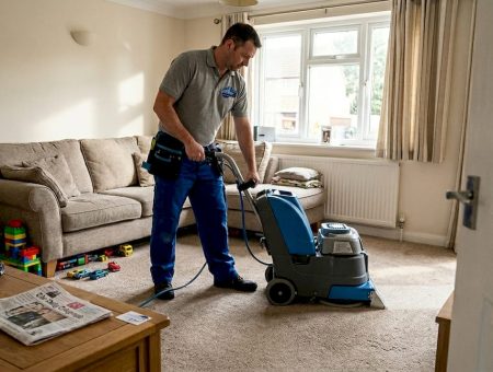 Technician deep cleaning carpet in living room