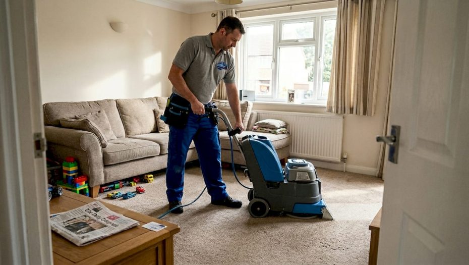 Technician deep cleaning carpet in living room