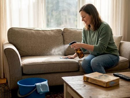 Woman cleaning sofa with eco-friendly spray