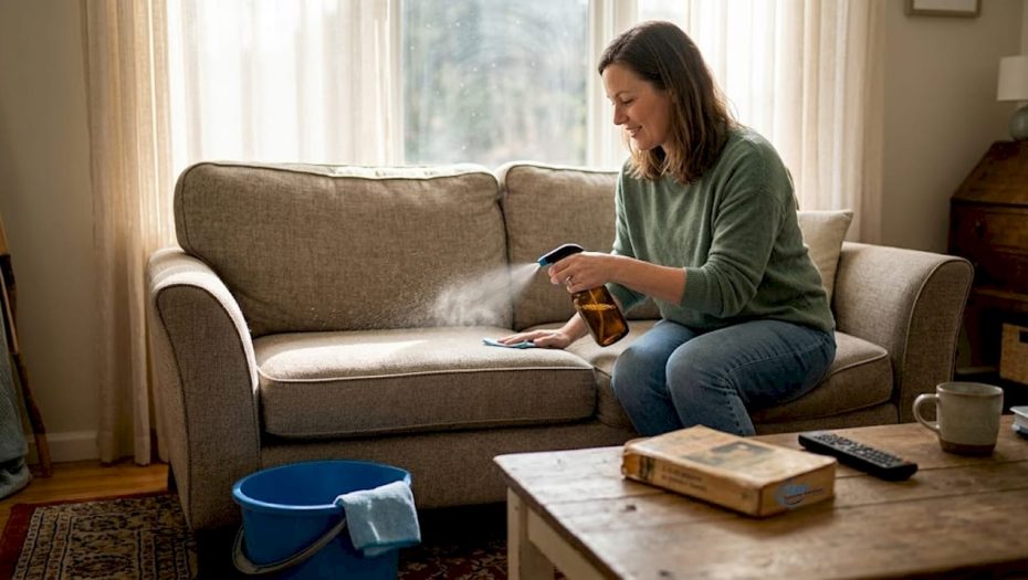 Woman cleaning sofa with eco-friendly spray
