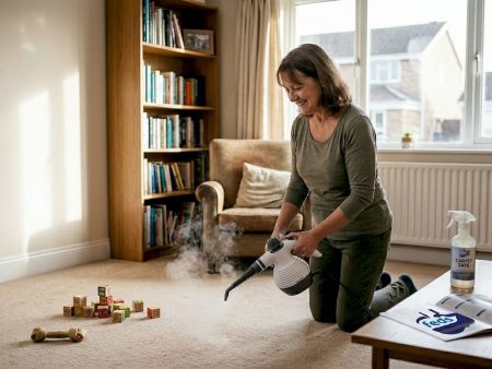 Person sanitising carpet in family living room