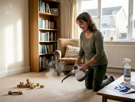Person sanitising carpet in family living room