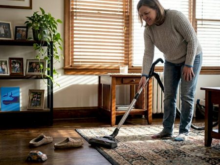 Woman cleaning rug in bright living room