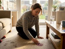 Homeowner quickly blotting carpet spill
