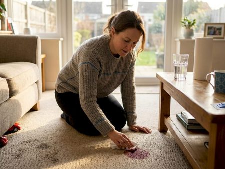 Homeowner quickly blotting carpet spill