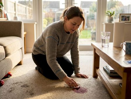 Homeowner quickly blotting carpet spill
