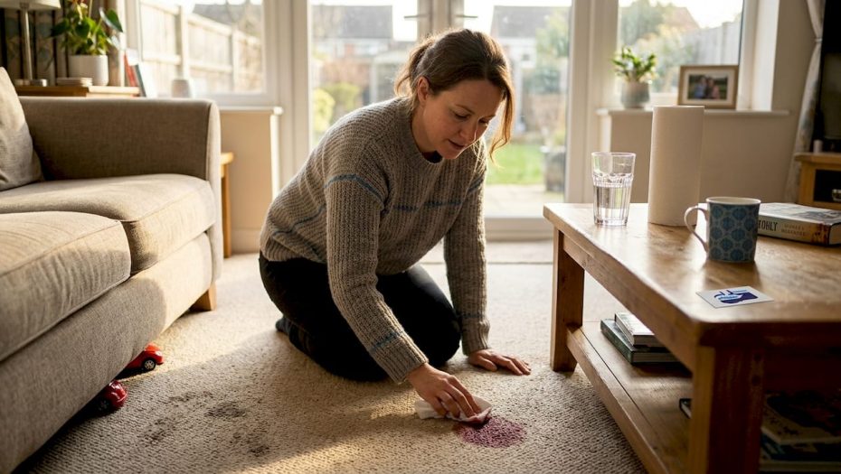 Homeowner quickly blotting carpet spill