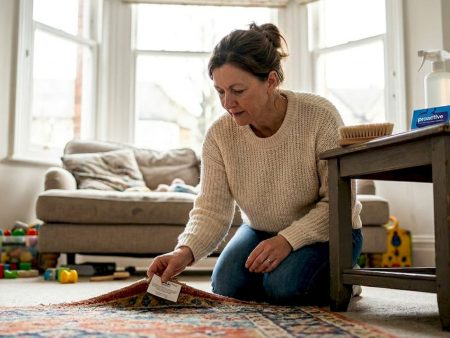 Woman preparing rug and cleaning tools at home