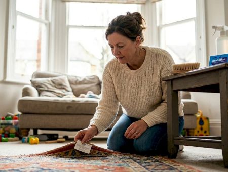 Woman preparing rug and cleaning tools at home