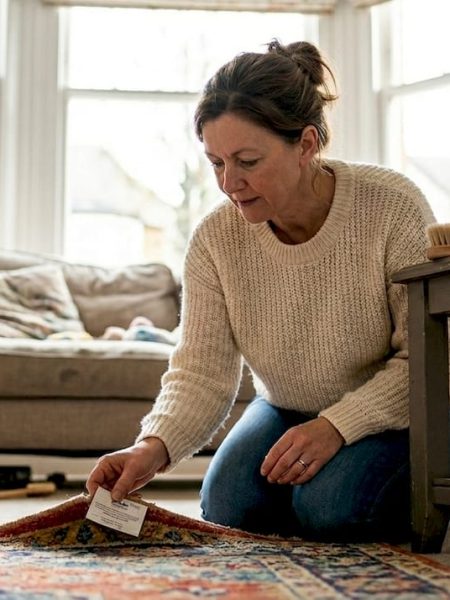 Woman preparing rug and cleaning tools at home