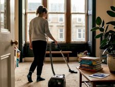 Woman vacuuming living room carpet with HEPA vacuum