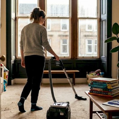Woman vacuuming living room carpet with HEPA vacuum