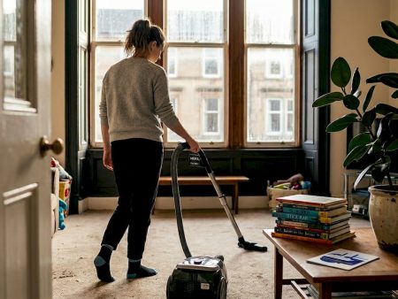 Woman vacuuming living room carpet with HEPA vacuum