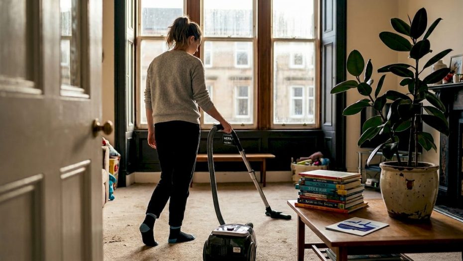 Woman vacuuming living room carpet with HEPA vacuum
